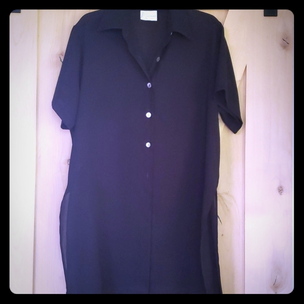 See through black short sleeve blouse